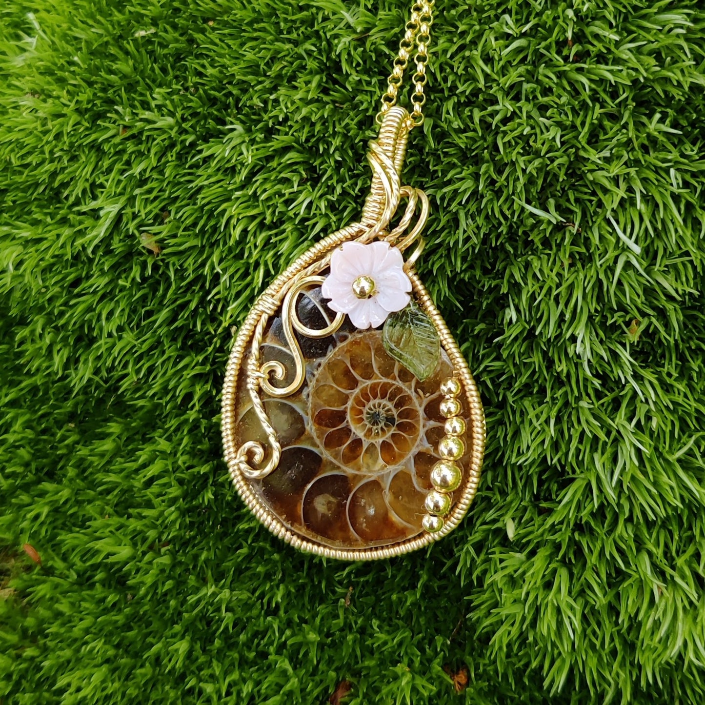 Apple Blossom Ammonite Fossil in 14k Gold Fill Pendant Necklace