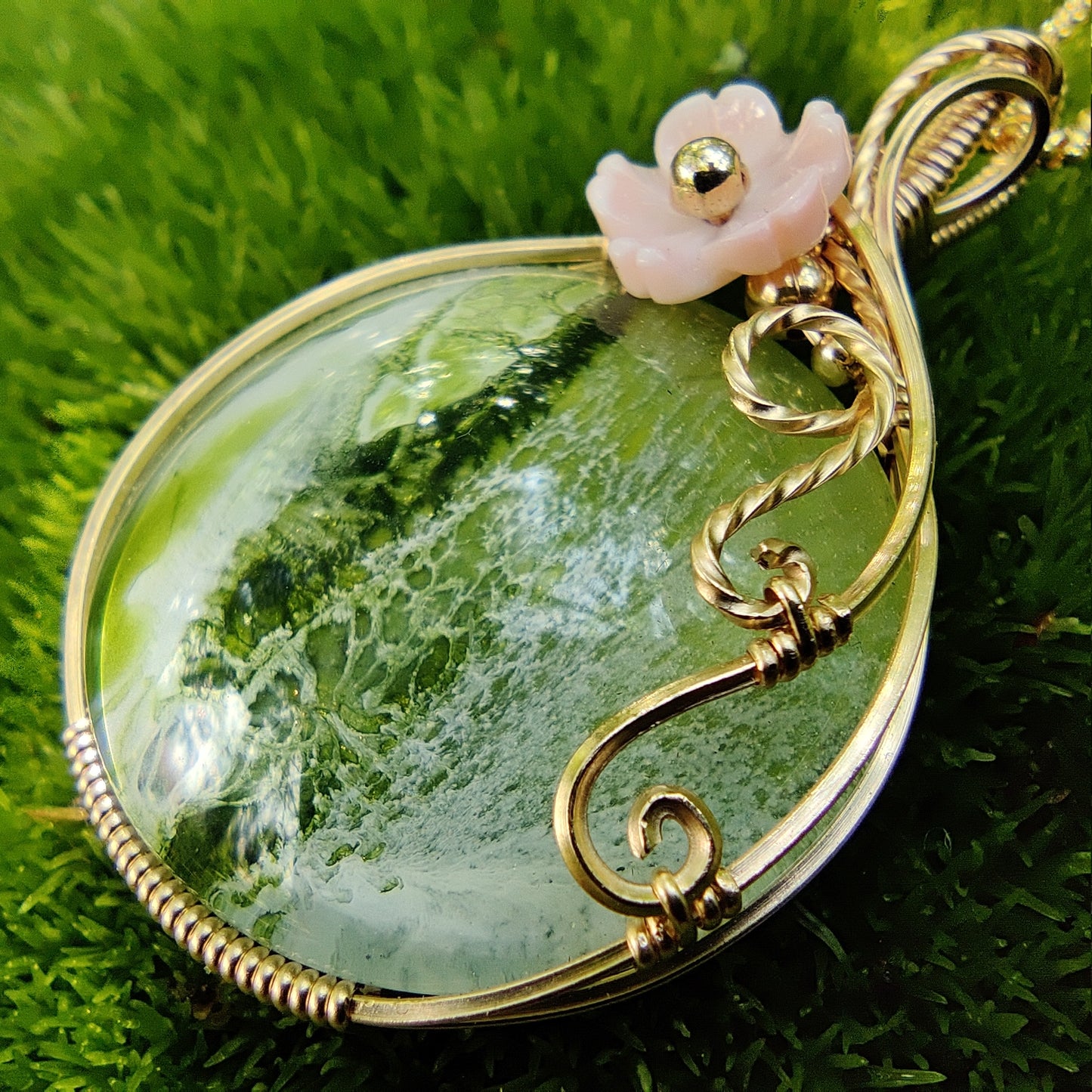Apple Blossom Hand Painted Glass Cabochon in 14k Gold Fill Pendant Necklace