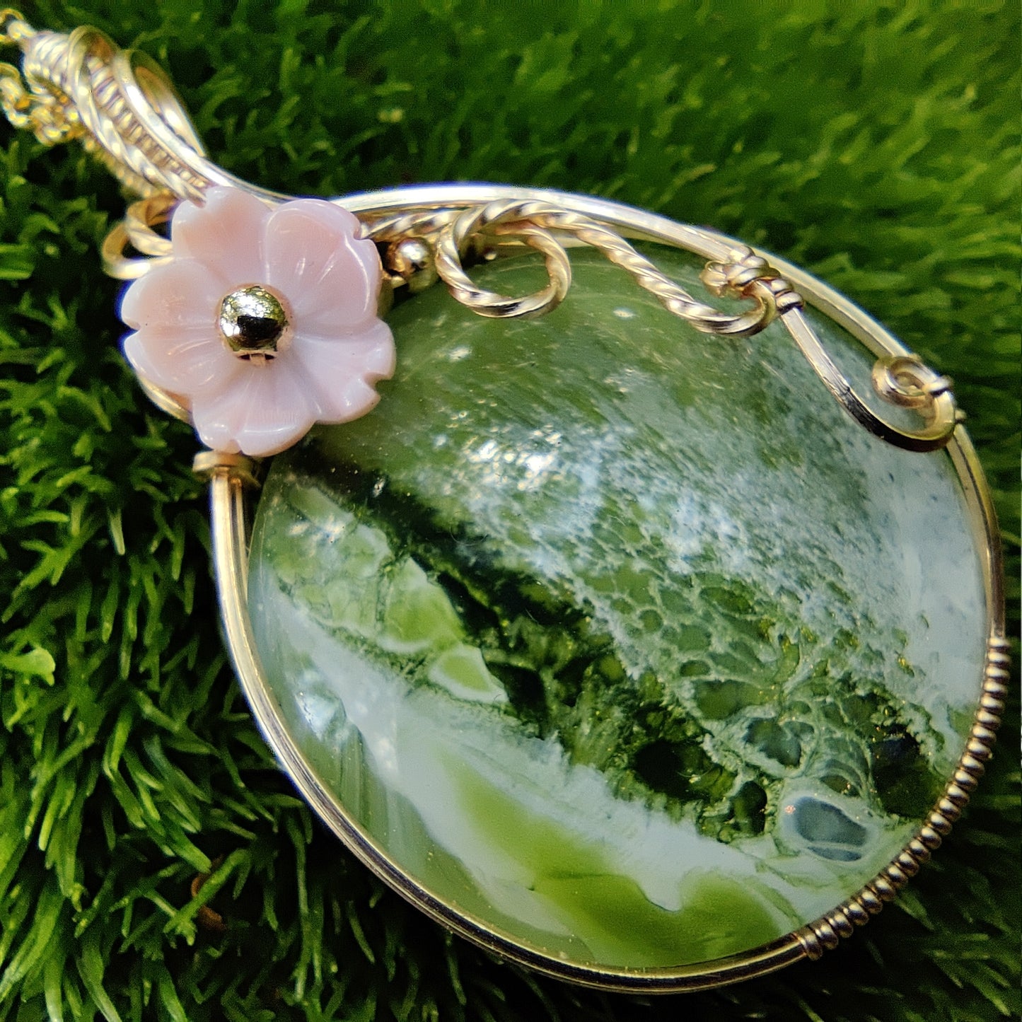 Apple Blossom Hand Painted Glass Cabochon in 14k Gold Fill Pendant Necklace