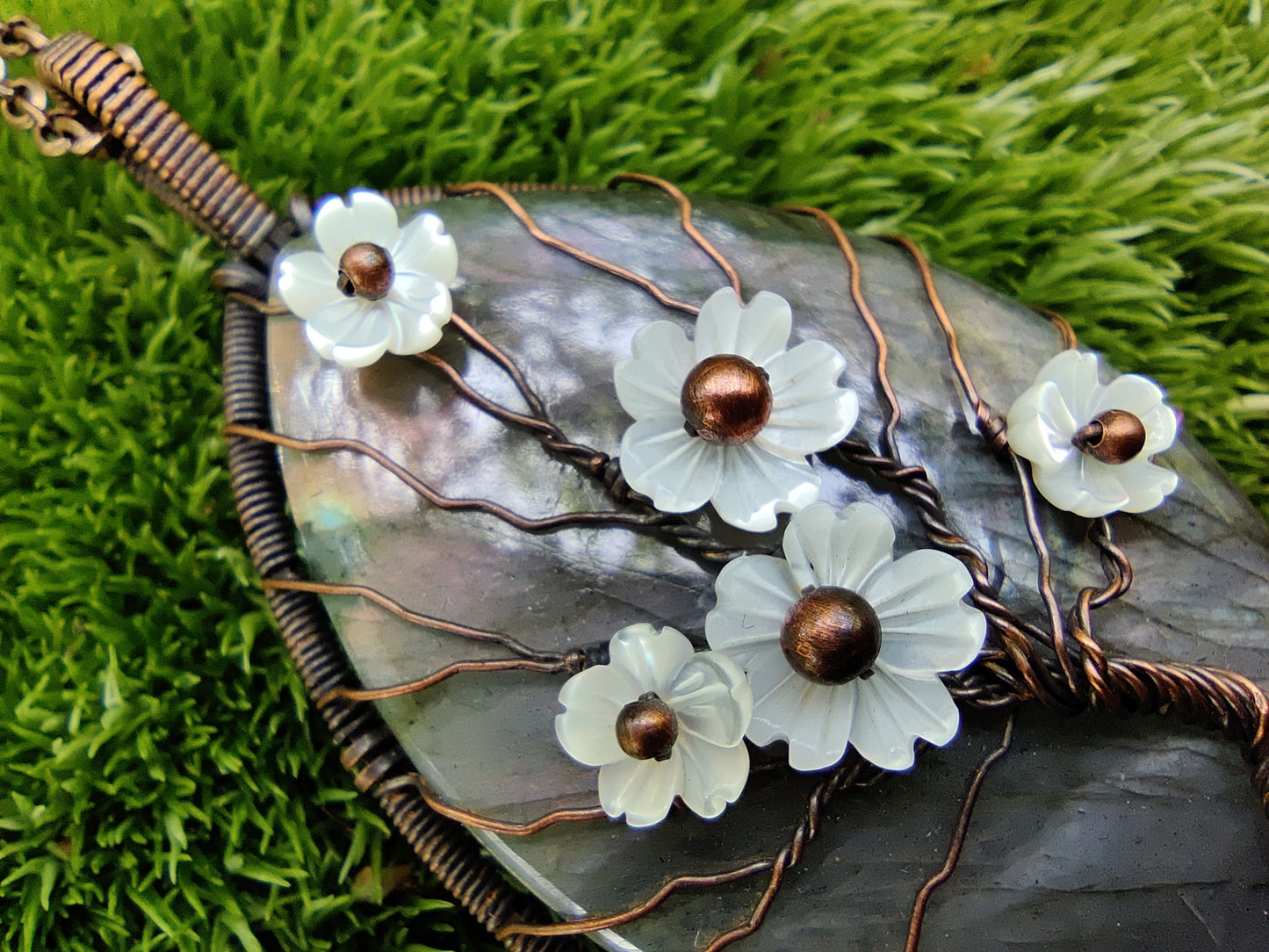 Labradorite and Mother of Pearl Flowering Tree Pendant Necklace