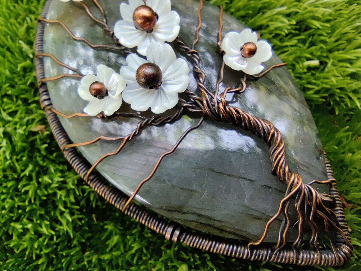 Labradorite and Mother of Pearl Flowering Tree Pendant Necklace