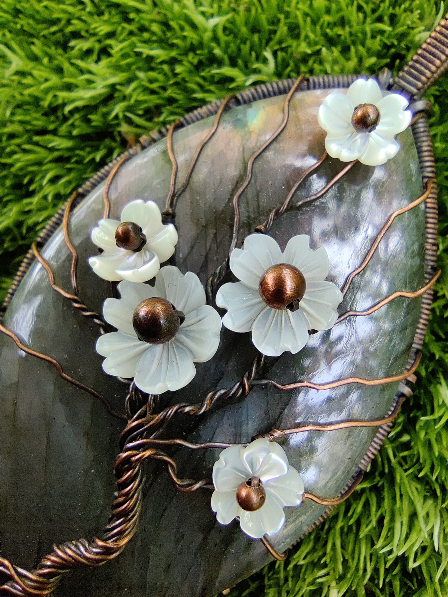 Labradorite and Mother of Pearl Flowering Tree Pendant Necklace