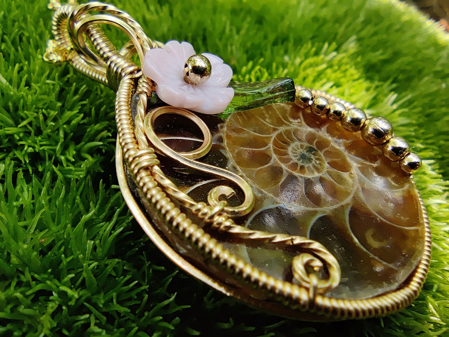 Apple Blossom Ammonite Fossil in 14k Gold Fill Pendant Necklace