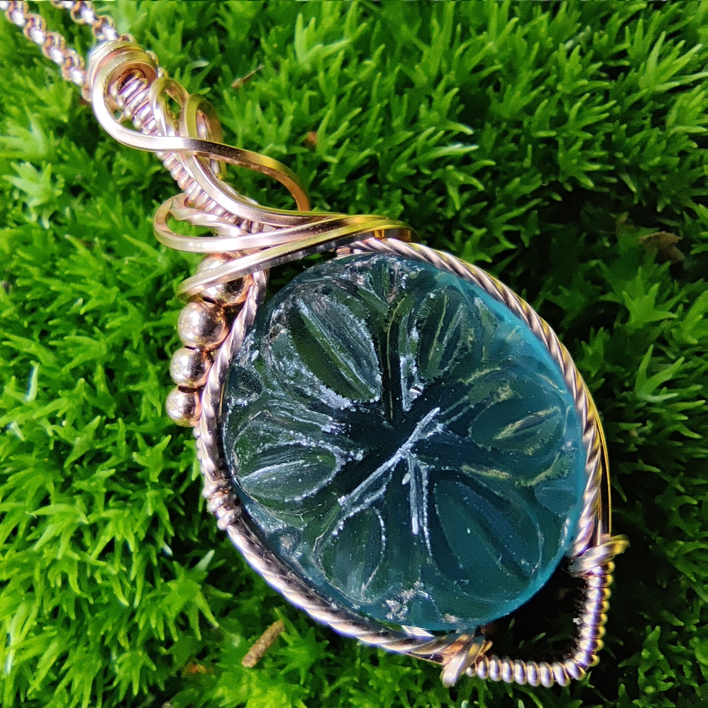 Carved Belgian Teal Fluorite in 14k Rose Gold FIll Pendant Necklace