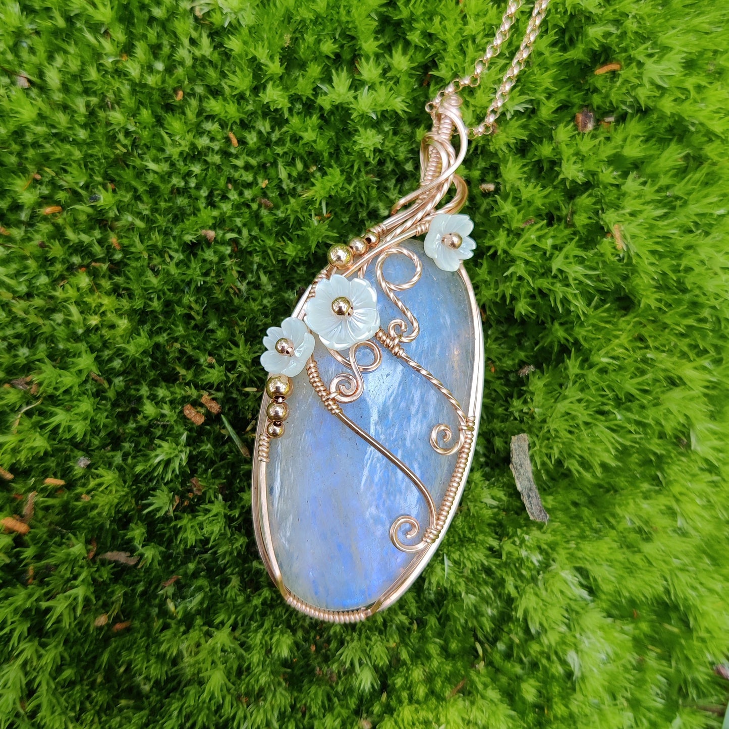 African Moonstone with flowers in 14k Rose Gold Fill Pendant Necklace