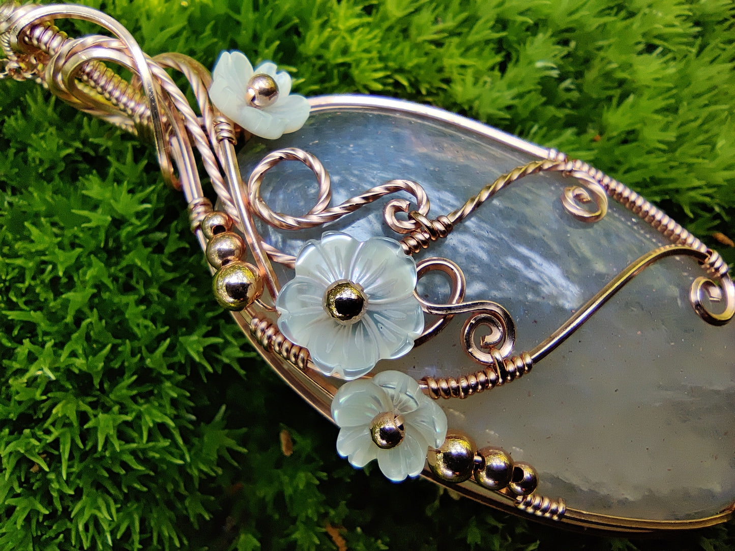 African Moonstone with flowers in 14k Rose Gold Fill Pendant Necklace