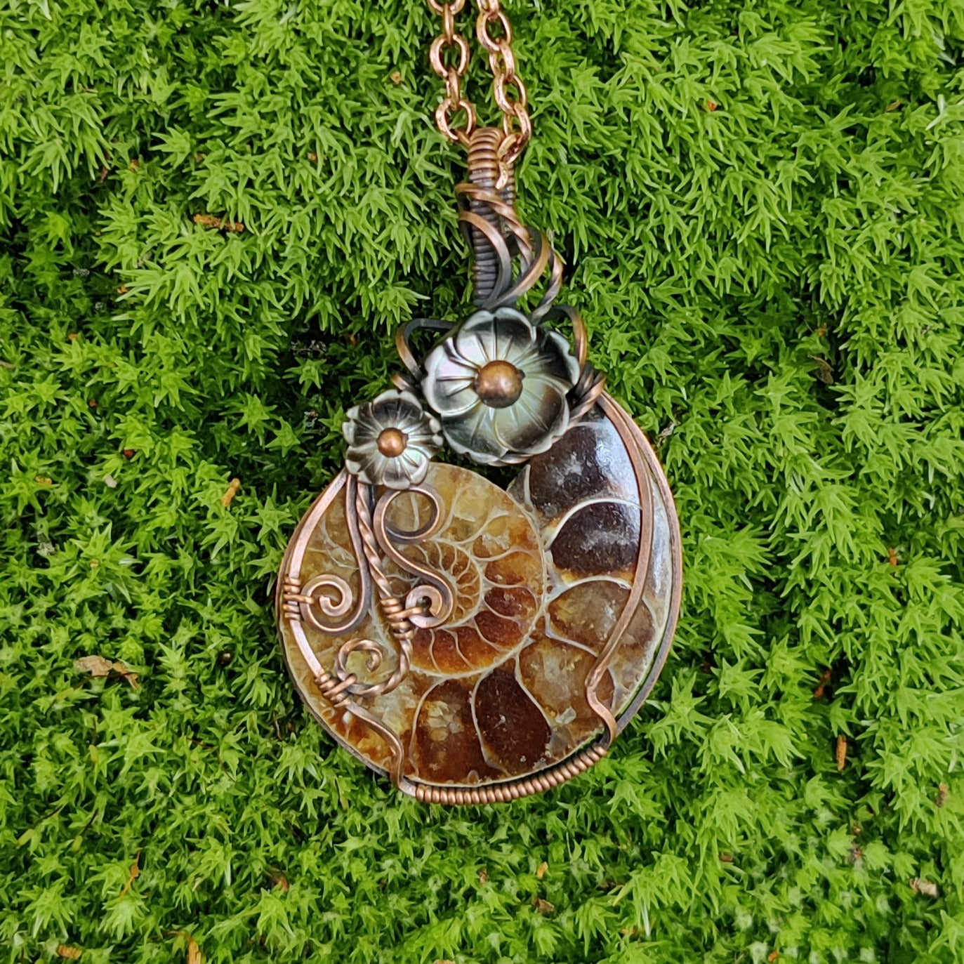 Ammonite Fossil with flowers in Copper Pendant Necklace