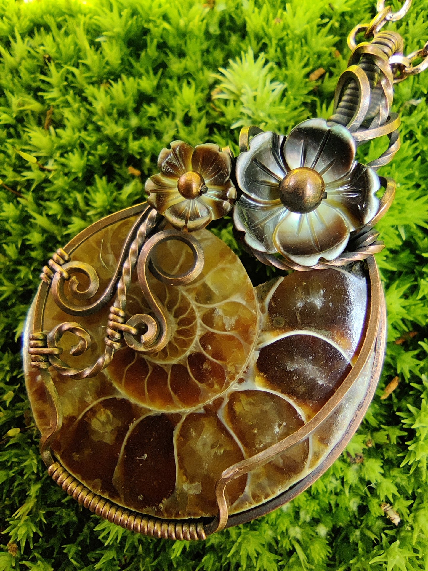 Ammonite Fossil with flowers in Copper Pendant Necklace