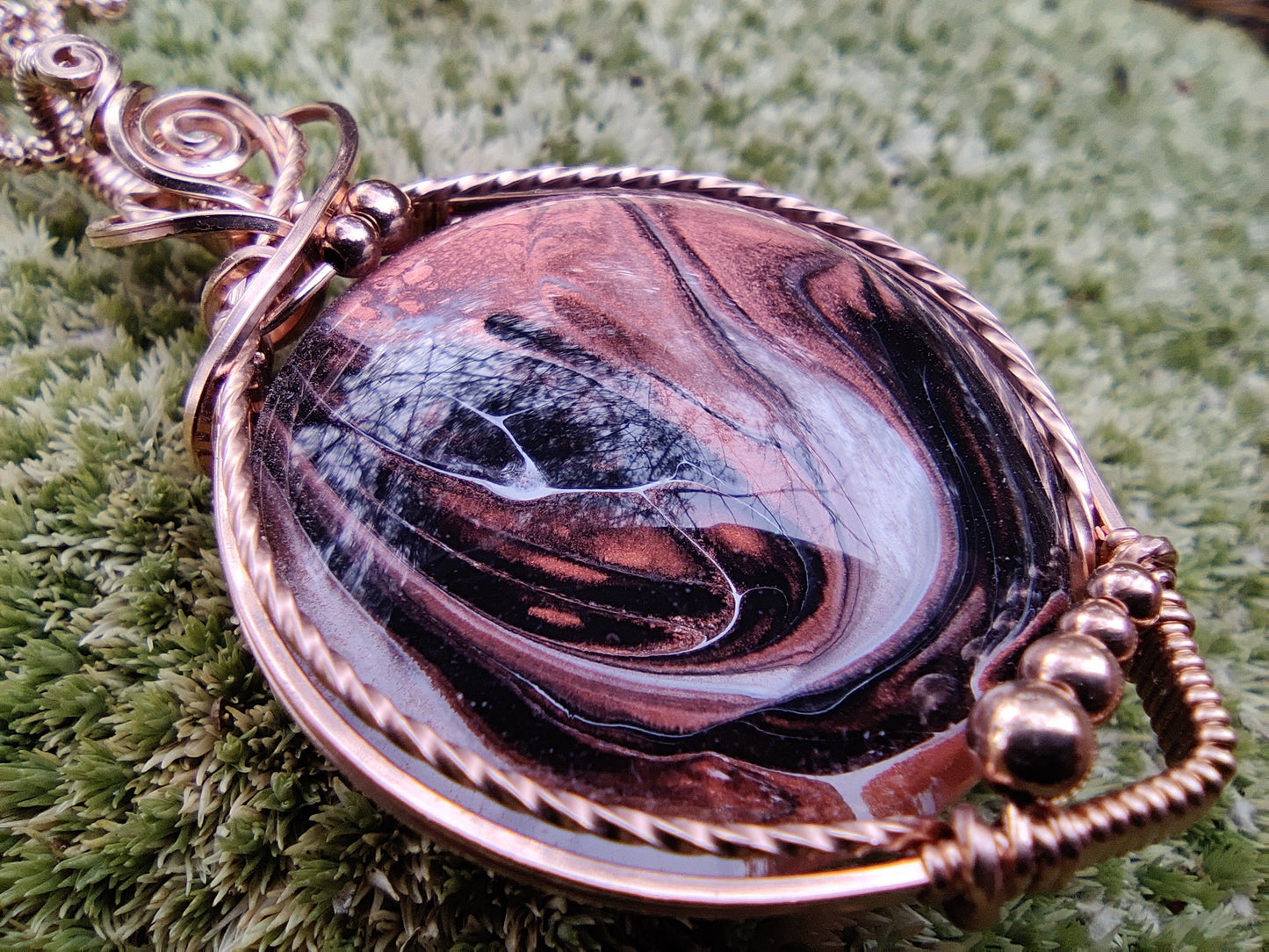Hand Painted Glass Cabochon in 14k Rose Gold Fill Pendant Necklace