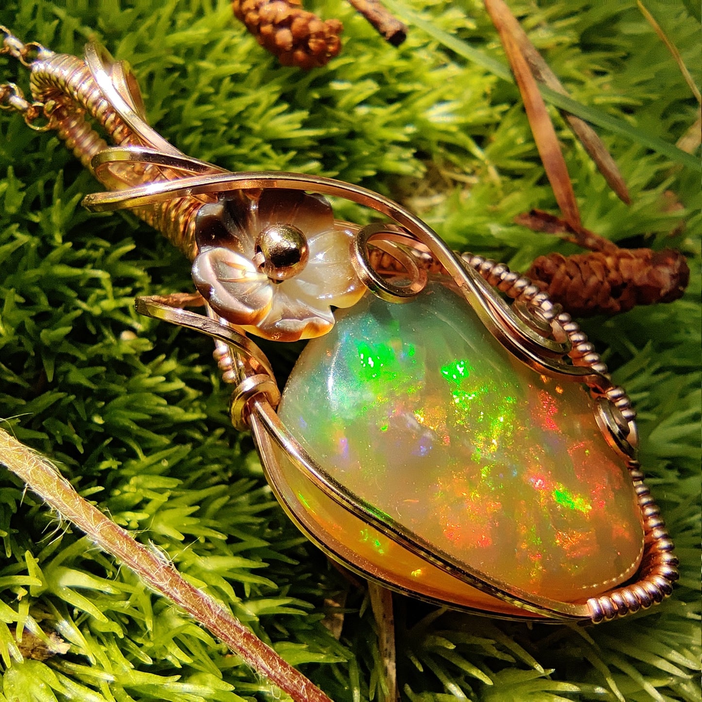 9.65 ct Natural Ethiopian Opal with flower in 14k Rose Gold Fill Pendant Necklace