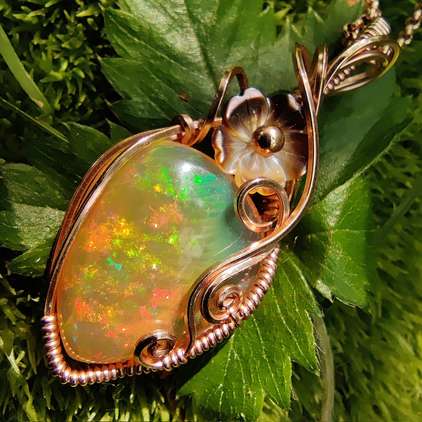 9.65 ct Natural Ethiopian Opal with flower in 14k Rose Gold Fill Pendant Necklace