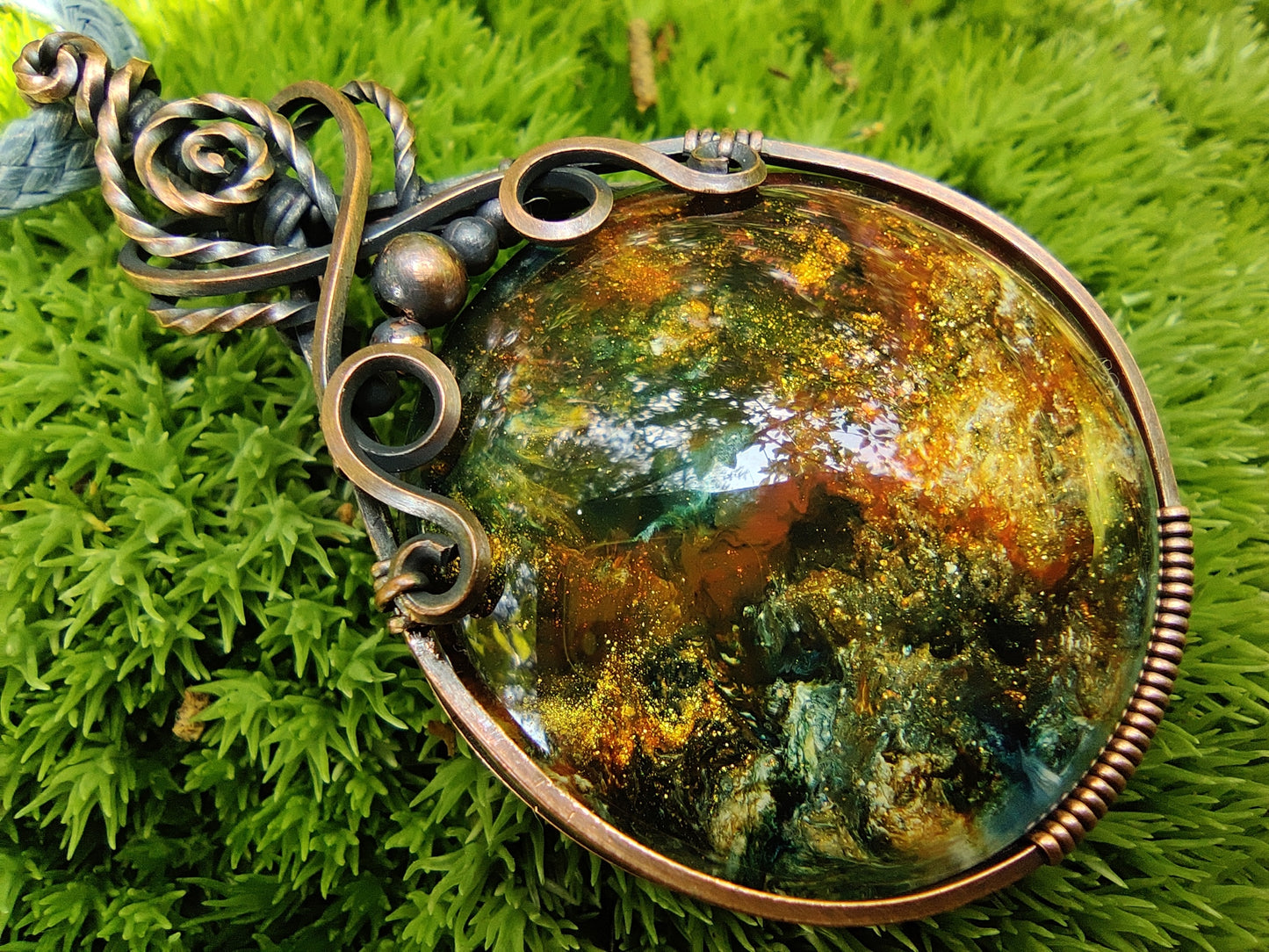 Hand Painted Glass in Copper Pendant Necklace