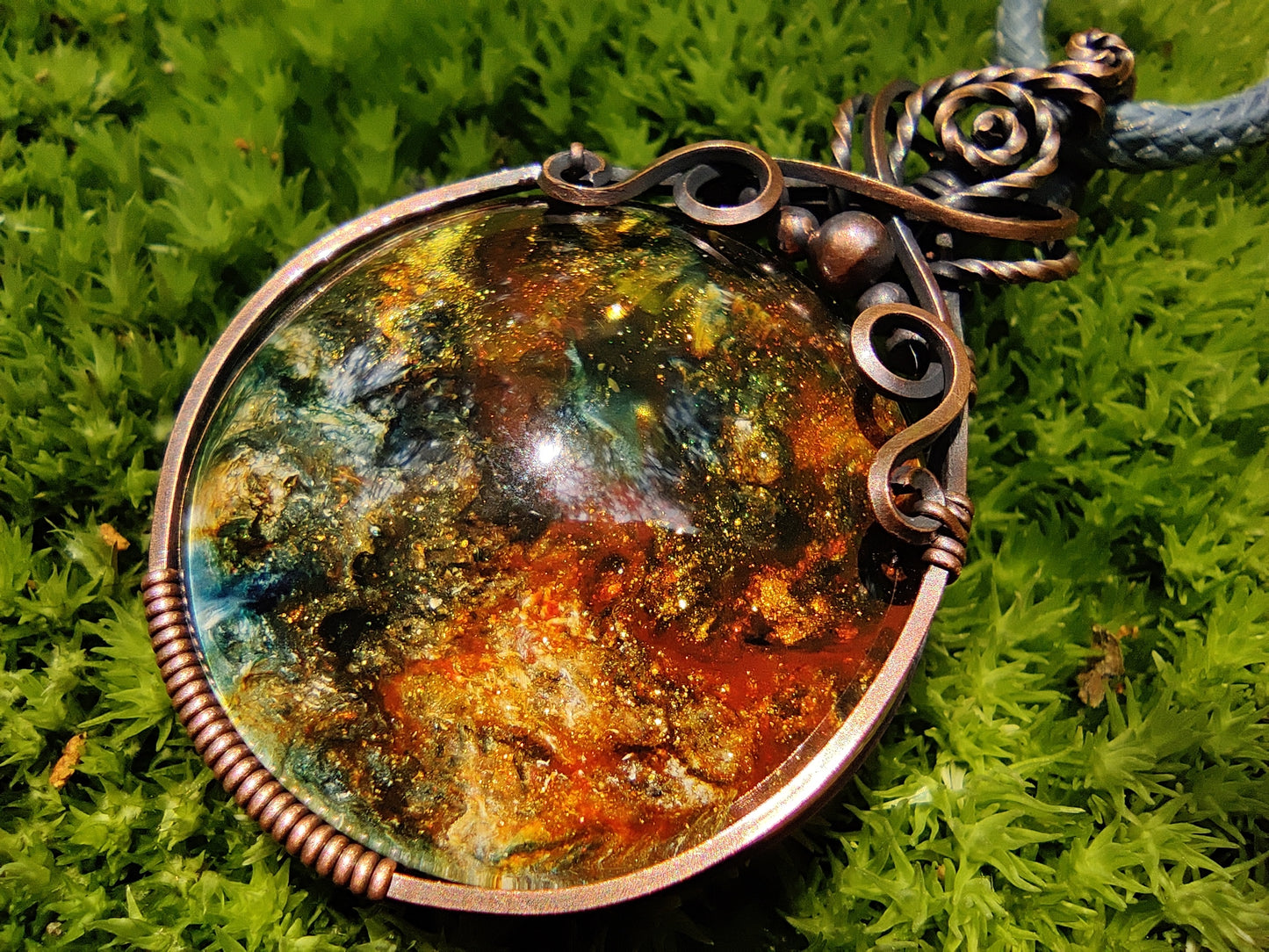 Hand Painted Glass in Copper Pendant Necklace