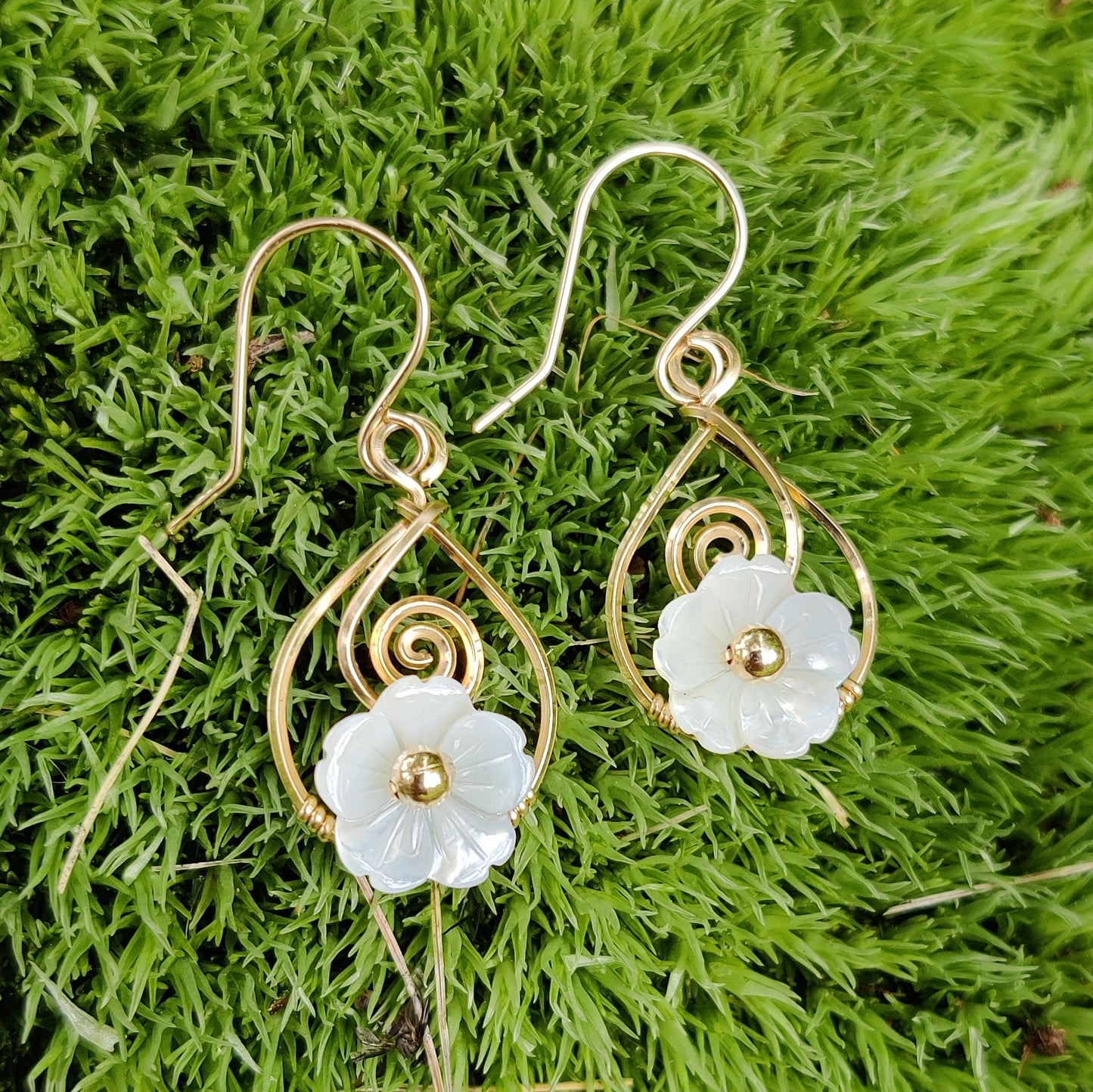 Coriolis Earrings in 14k Gold Fill with White Mother of Pearl Flowers