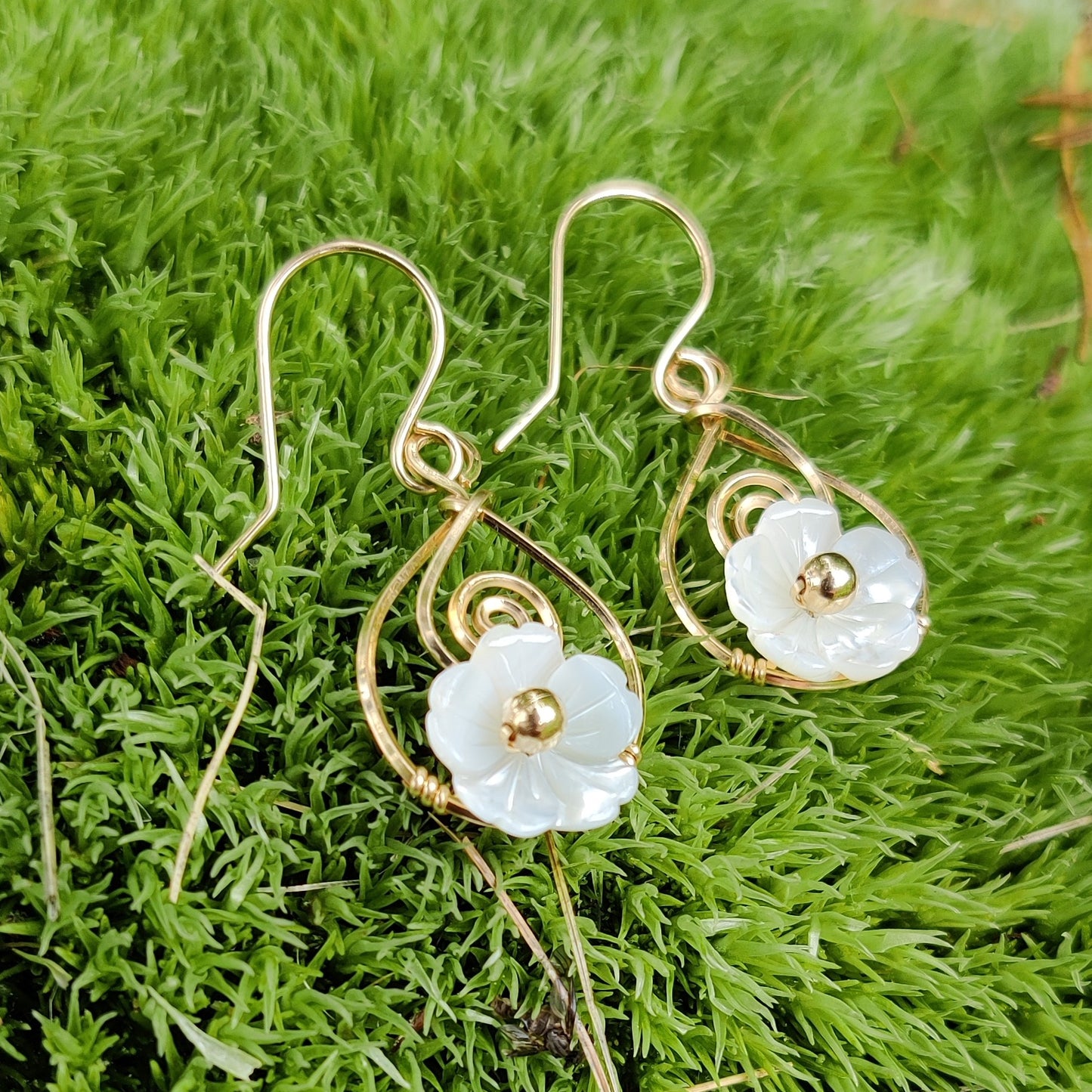 Coriolis Earrings in 14k Gold Fill with White Mother of Pearl Flowers
