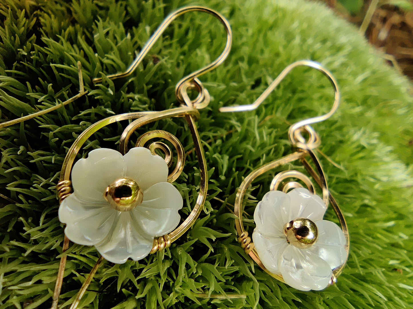 Coriolis Earrings in 14k Gold Fill with White Mother of Pearl Flowers