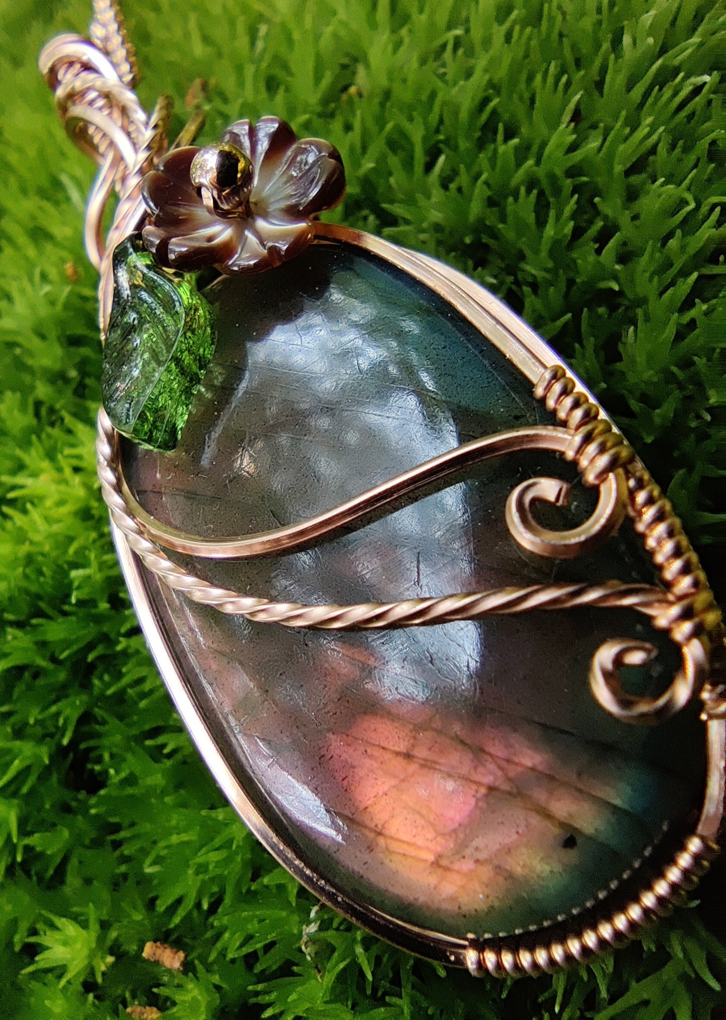 Labradorite with flower in 14k Rose Gold FIll Pendant Necklace
