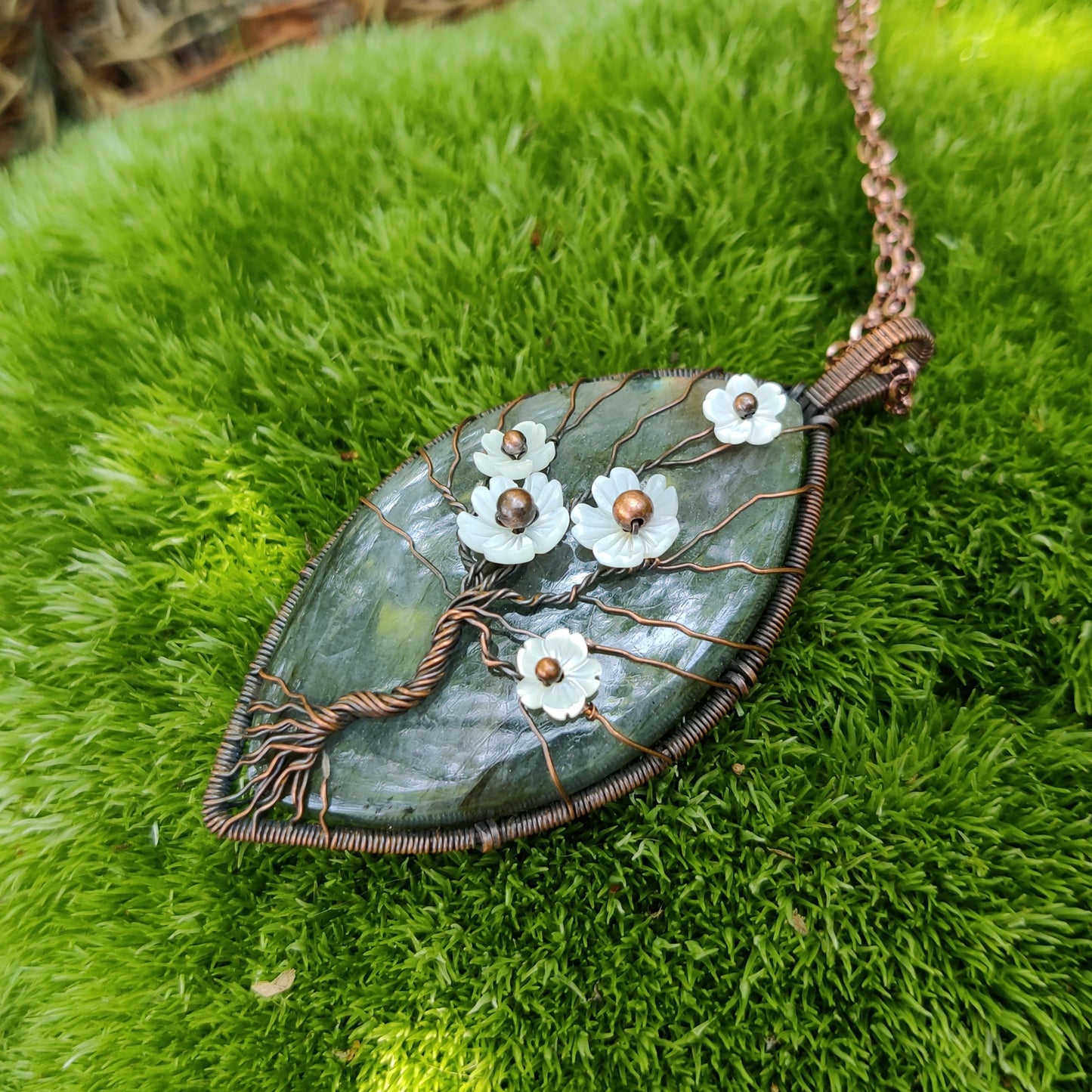 Labradorite and Mother of Pearl Flowering Tree Pendant Necklace