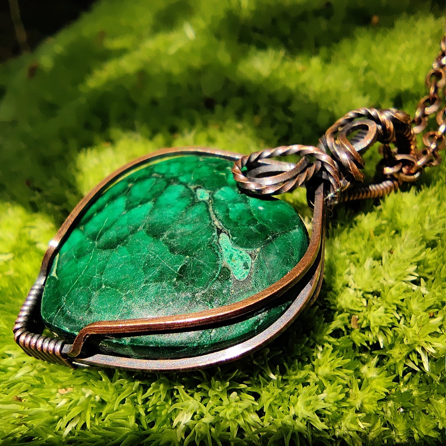 Malachite Heart in Copper Pendant Necklace