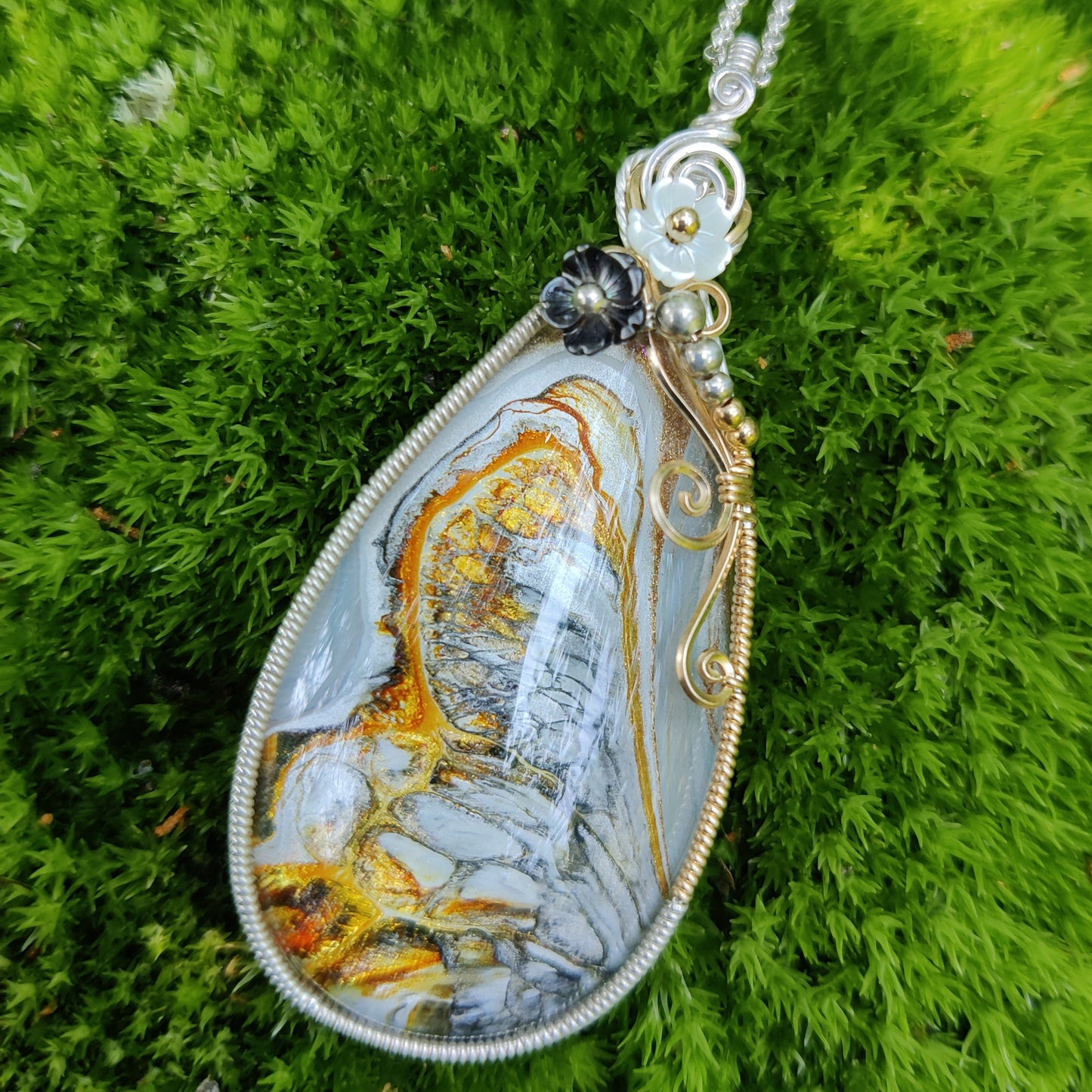 "Monarch" Hand Painted Glass in Sterling Silver and 14k Gold Fill Pendant Necklace
