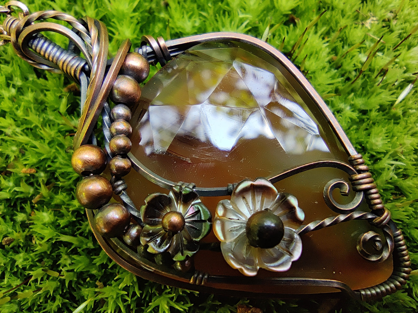 Montana Agate with flowers in Copper Pendant Necklace