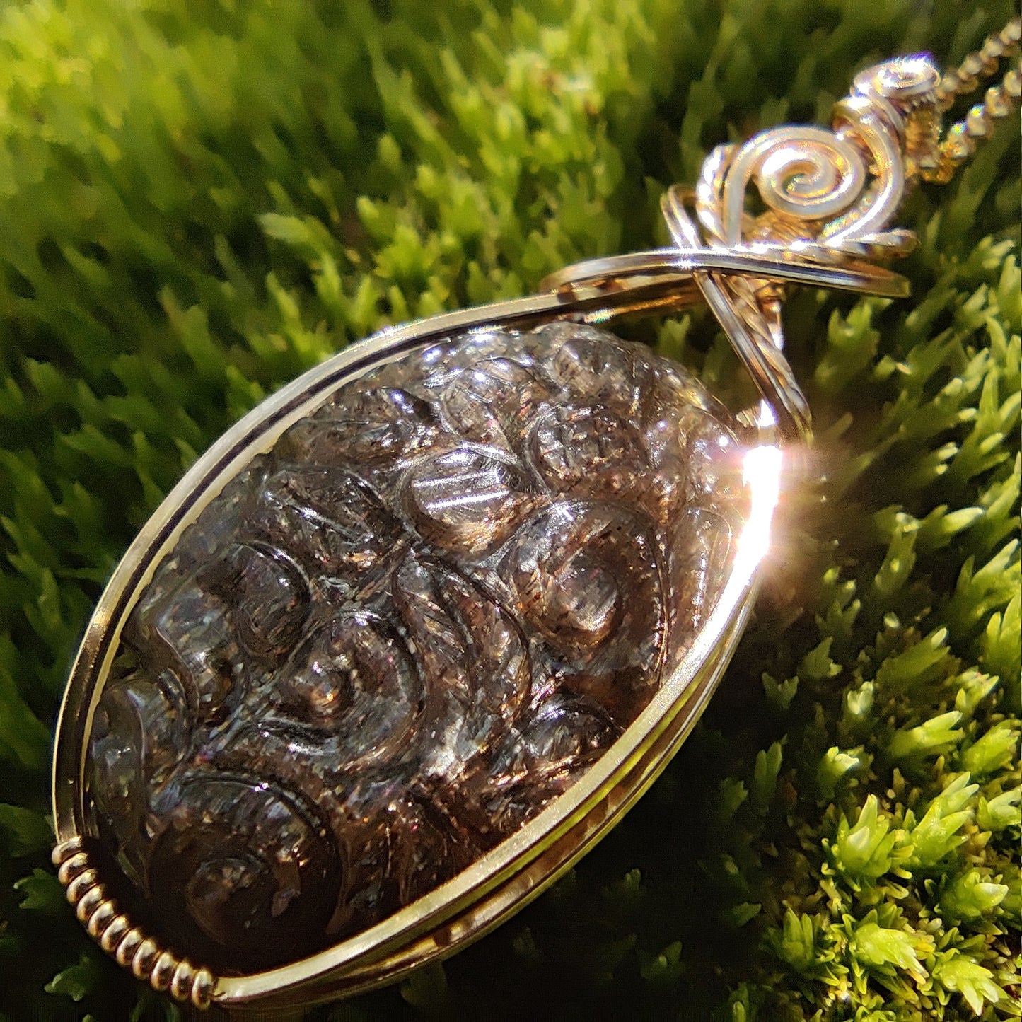 Mughal Carved Black Sunstone Cabochon in 14k Gold Fill Pendant Necklace