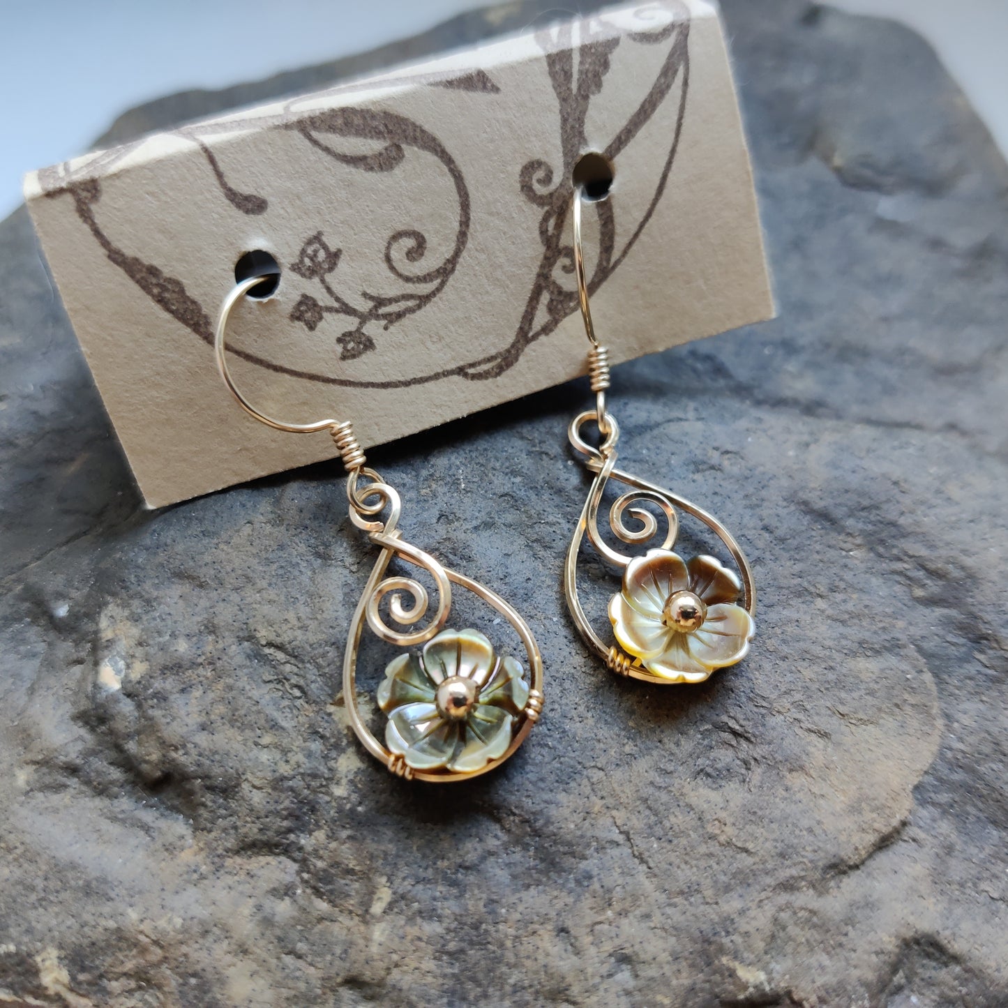 Coriolis Earrings in 14k Gold Fill with Black Mother of Pearl Flowers