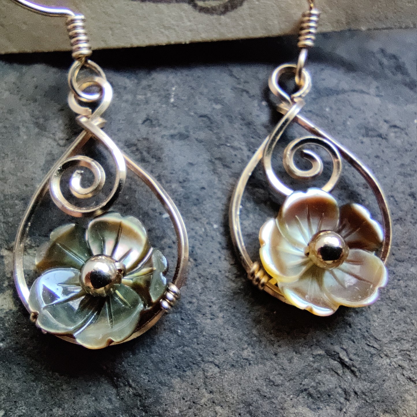 Coriolis Earrings in 14k Gold Fill with Black Mother of Pearl Flowers