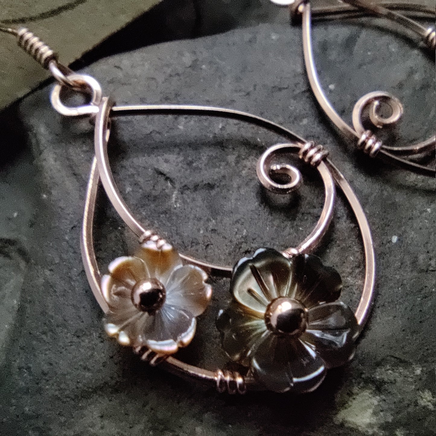 Moondrop Earrings in 14k Rose Gold Fill with Black Mother of Pearl Flowers