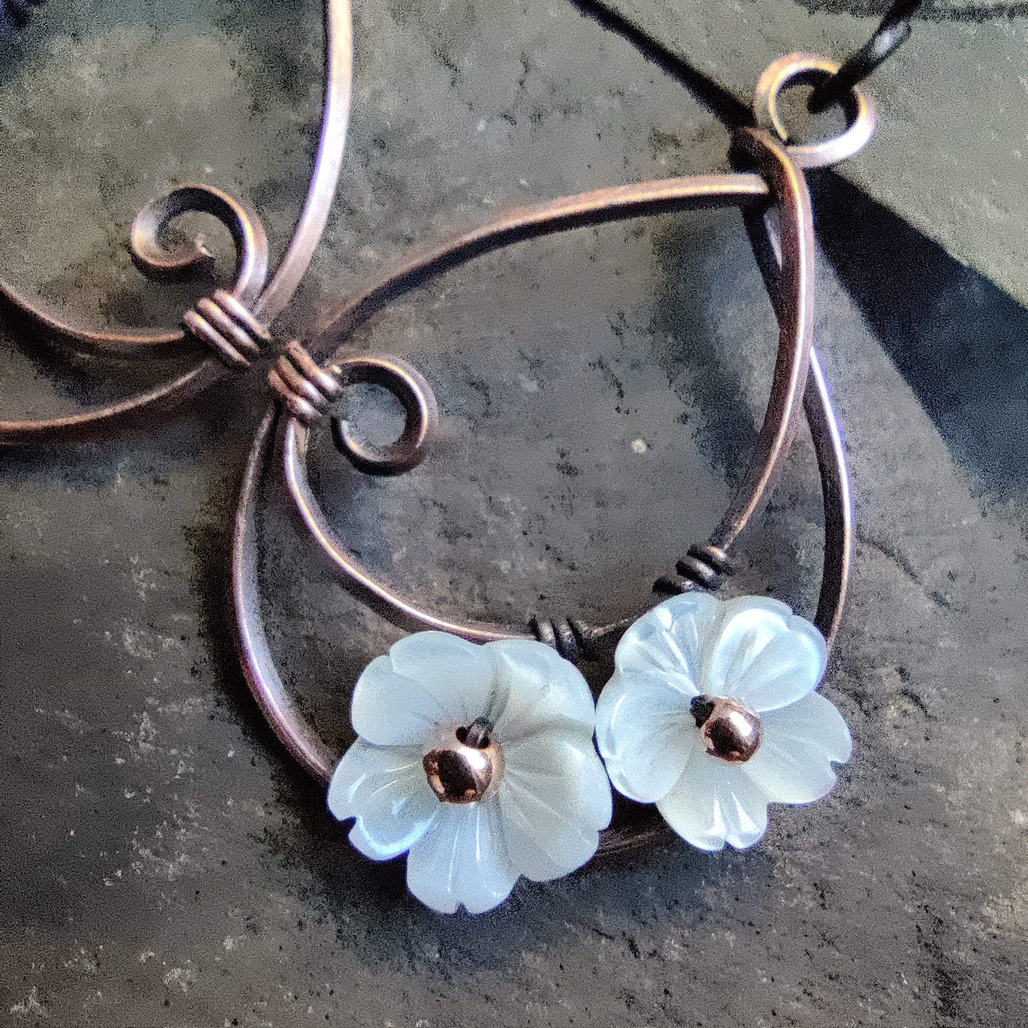 Moondrop Earrings in Antique Copper with White Mother of Pearl Flowers