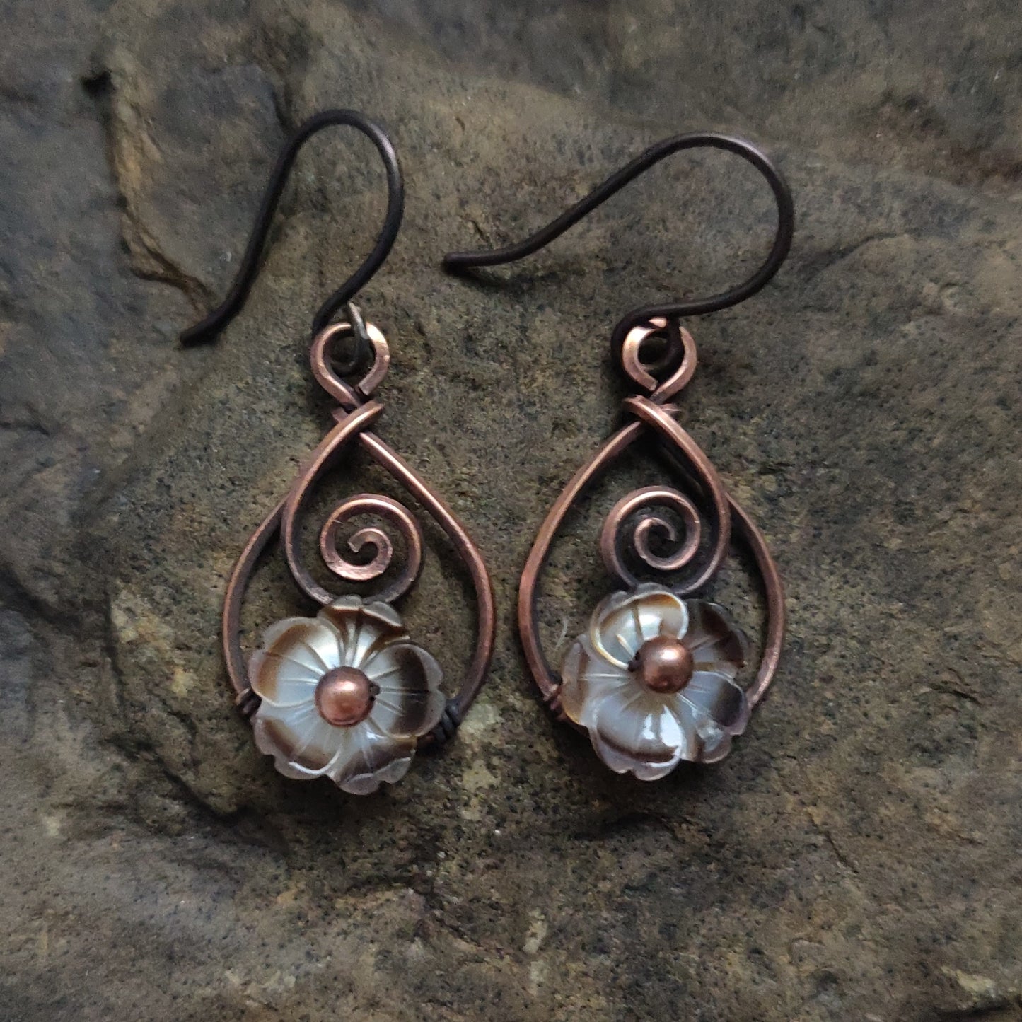 Coriolis Earrings in Antique Copper with Black Mother of Pearl Flowers