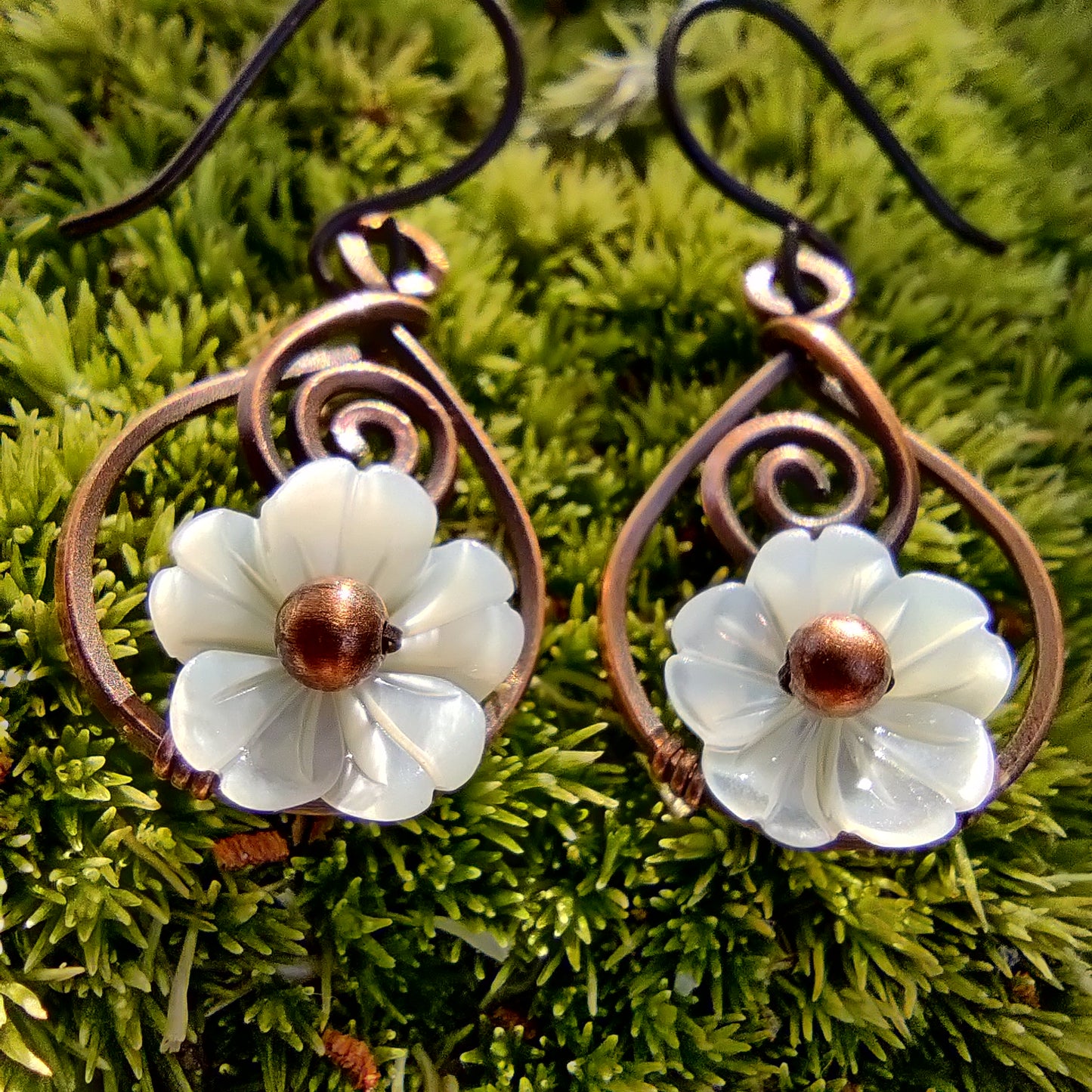 Coriolis Earrings in Antique Copper with White Mother of Pearl Flowers