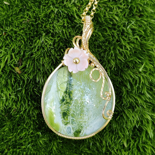 Apple Blossom Hand Painted Glass Cabochon in 14k Gold Fill Pendant Necklace