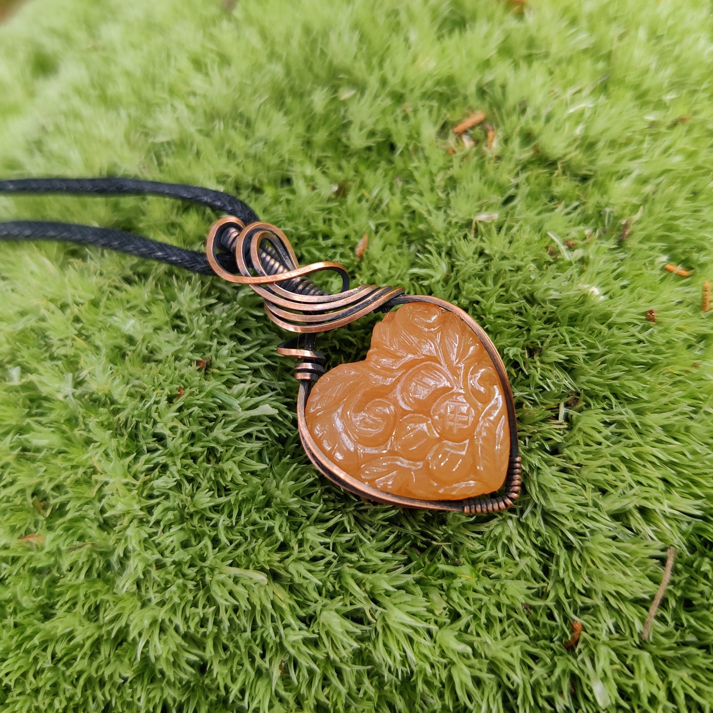 Orange Aventurine Carved Heart in Antique Copper Pendant Necklace