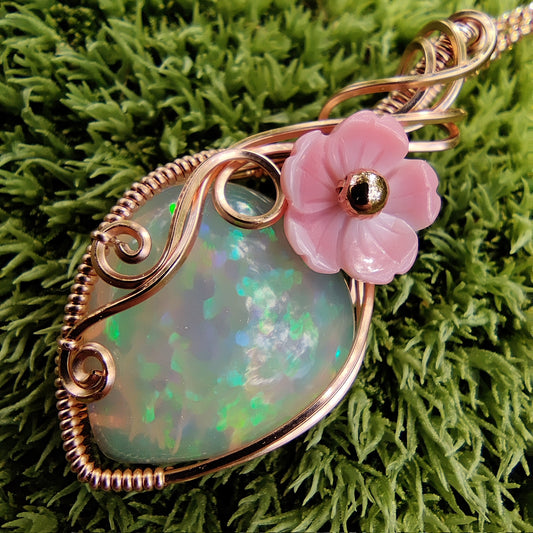 Apple Blossom 7.05 ct Natural Ethiopian Opal in 14k Rose Gold Fill Pendant Necklace