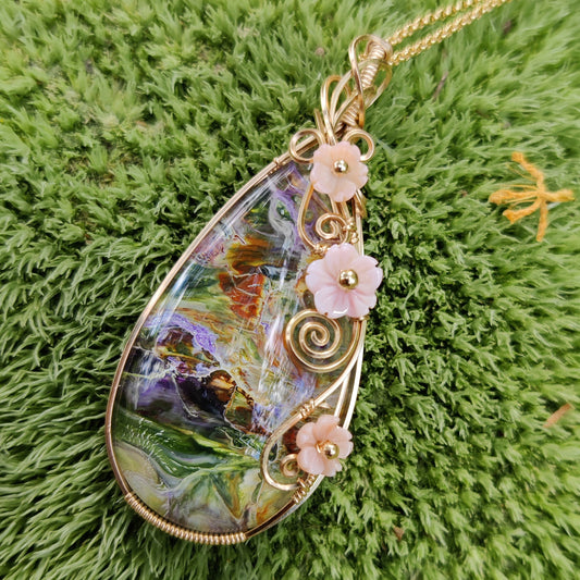 Apple Blossom Hand Painted Glass in 14k Gold Fill Pendant Necklace