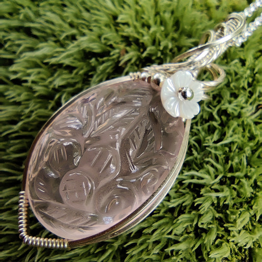 Apple Blossom Mughal Carved Rose Quartz in Sterling Silver Pendant Necklace