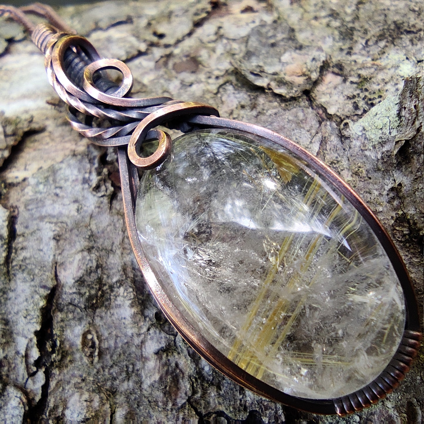 Golden Rutilated Quartz in Antique Copper Pendant Necklace