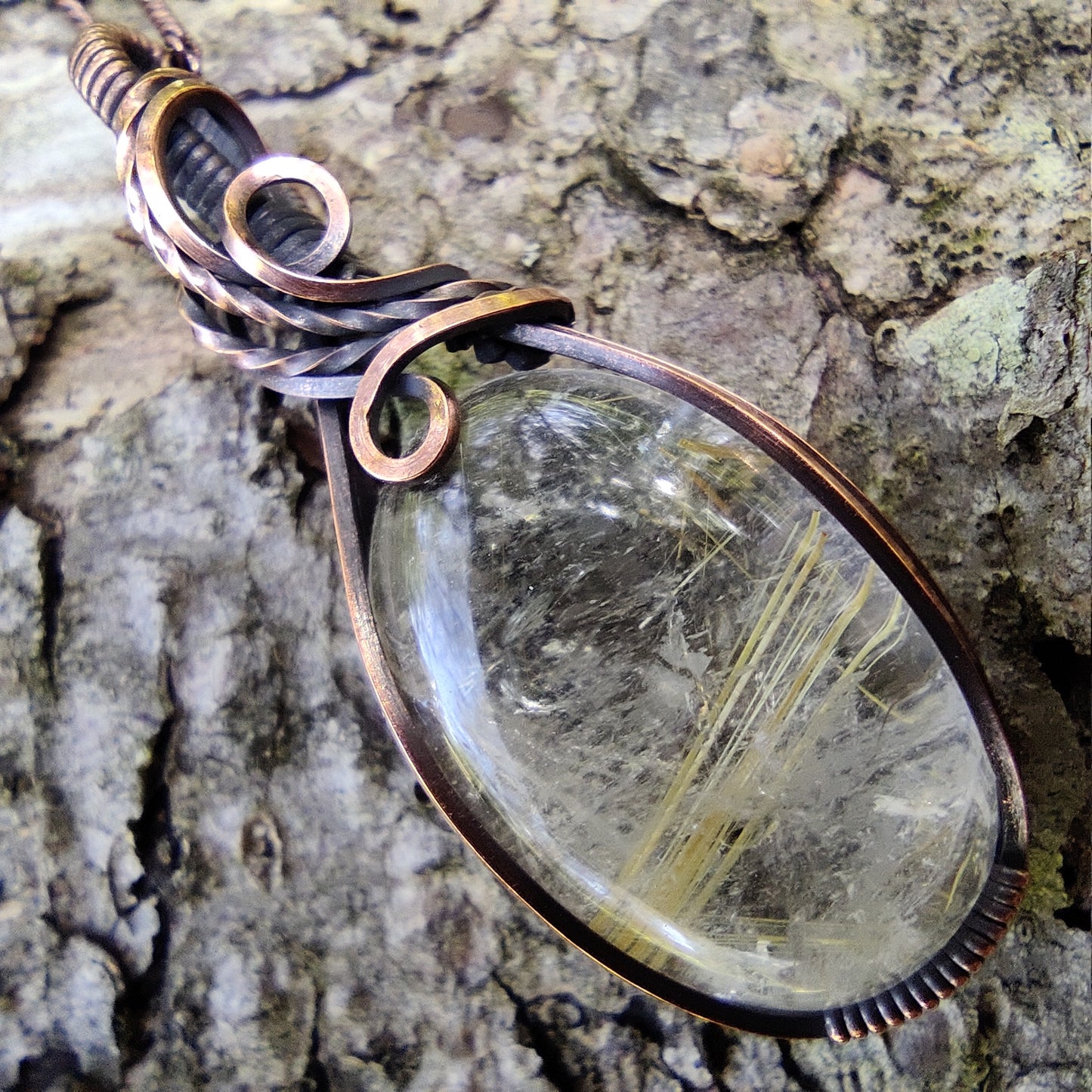 Golden Rutilated Quartz in Antique Copper Pendant Necklace