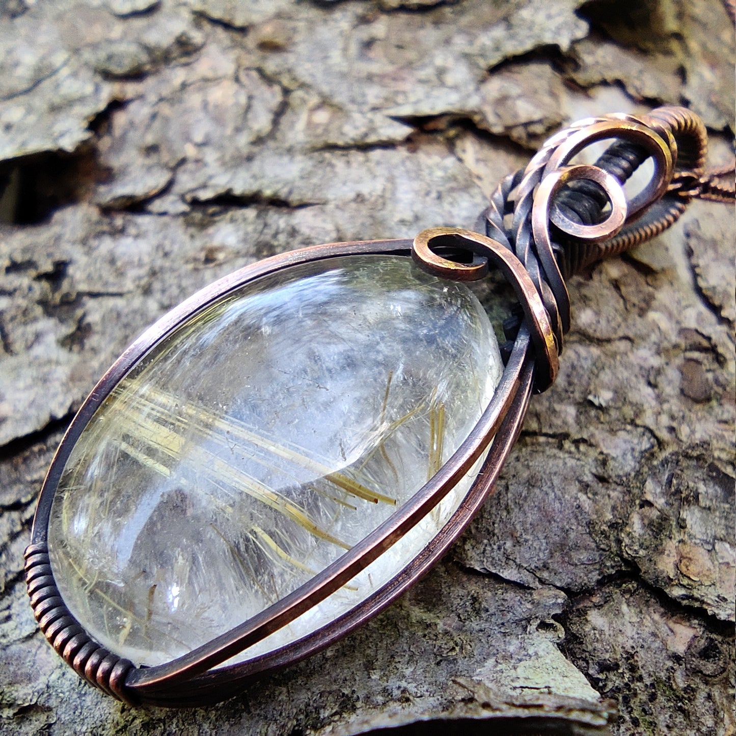 Golden Rutilated Quartz in Antique Copper Pendant Necklace