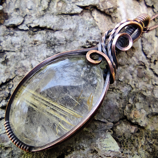 Golden Rutilated Quartz in Antique Copper Pendant Necklace