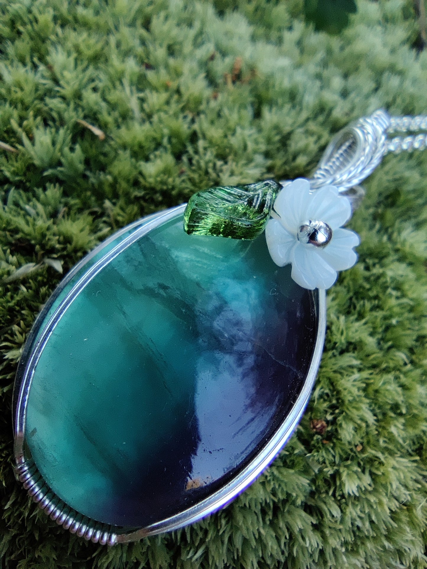 Fluorite & Mother of Pearl in Sterling Silver Pendant Necklace