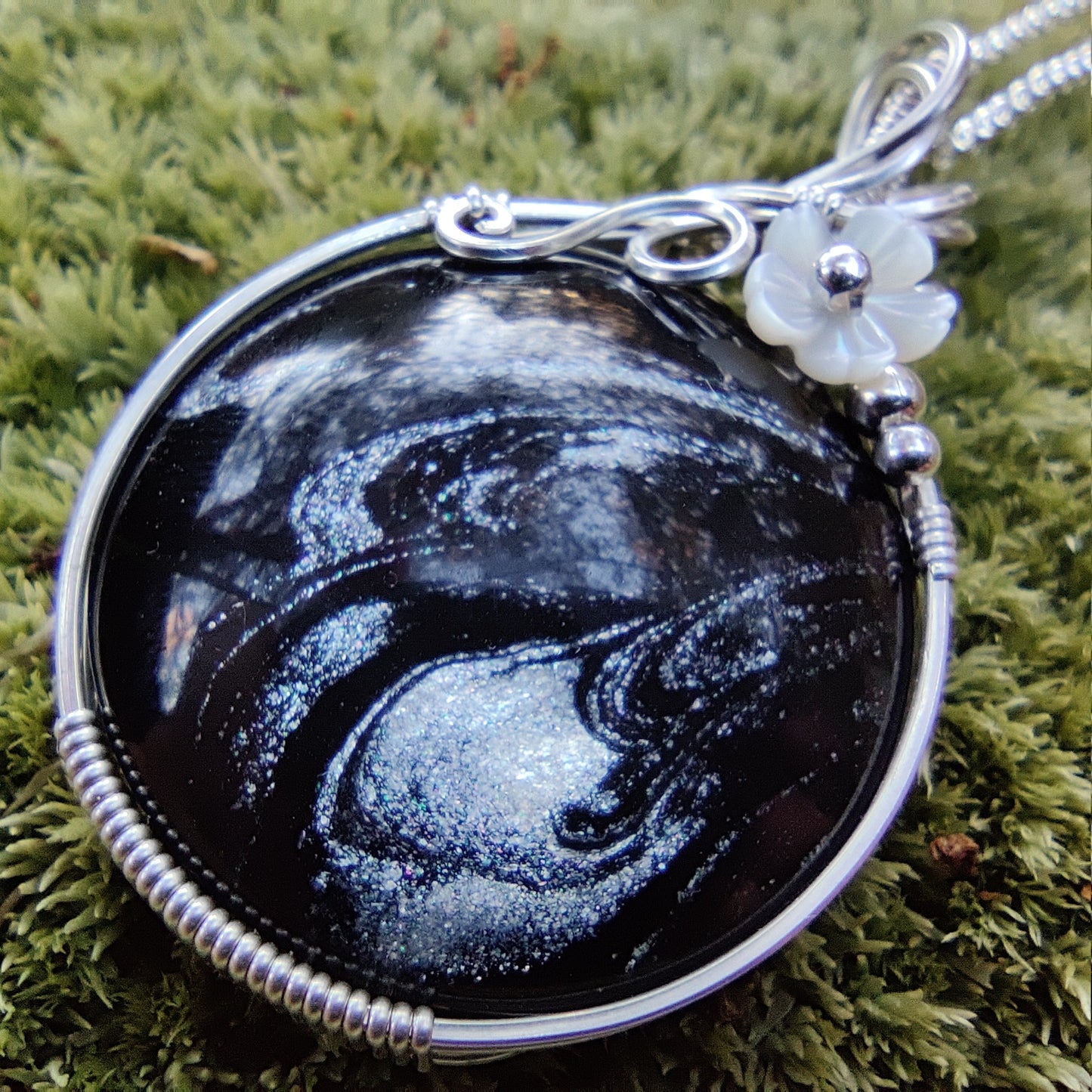 Hand Painted Glass (black & silver) in Sterling Silver Pendant Necklace