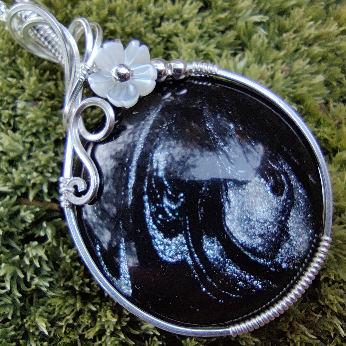 Hand Painted Glass (black & silver) in Sterling Silver Pendant Necklace