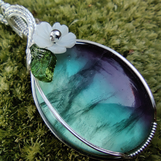 Fluorite & Mother of Pearl in Sterling Silver Pendant Necklace