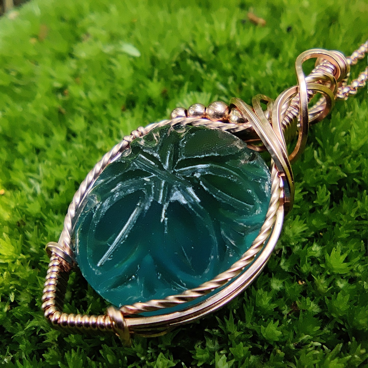 Carved Belgian Teal Fluorite in 14k Rose Gold FIll Pendant Necklace