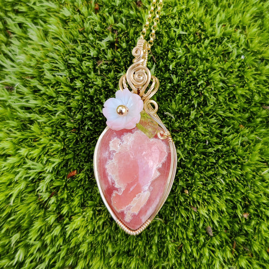 Apple Blossom Rhodochrosite in 14k Gold Fill Pendant Necklace