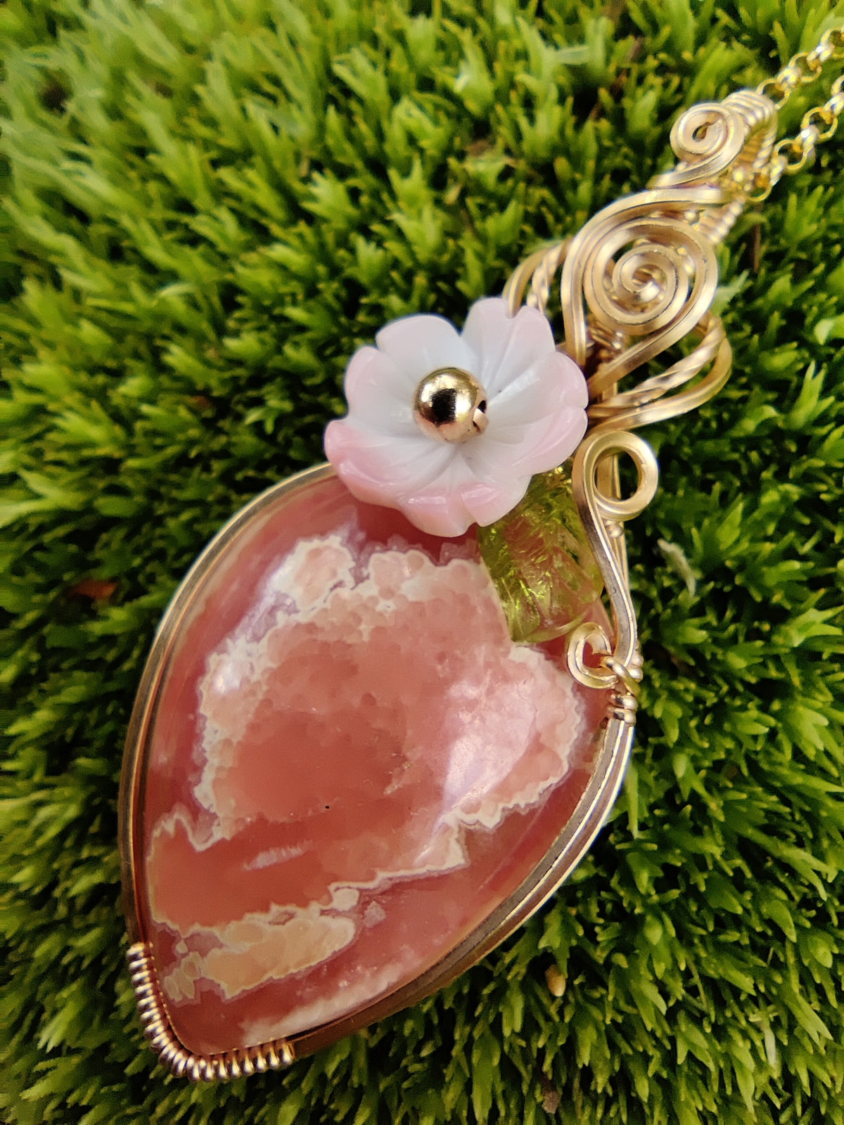 Apple Blossom Rhodochrosite in 14k Gold Fill Pendant Necklace