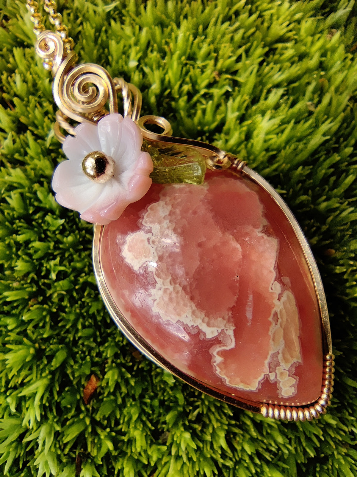 Apple Blossom Rhodochrosite in 14k Gold Fill Pendant Necklace