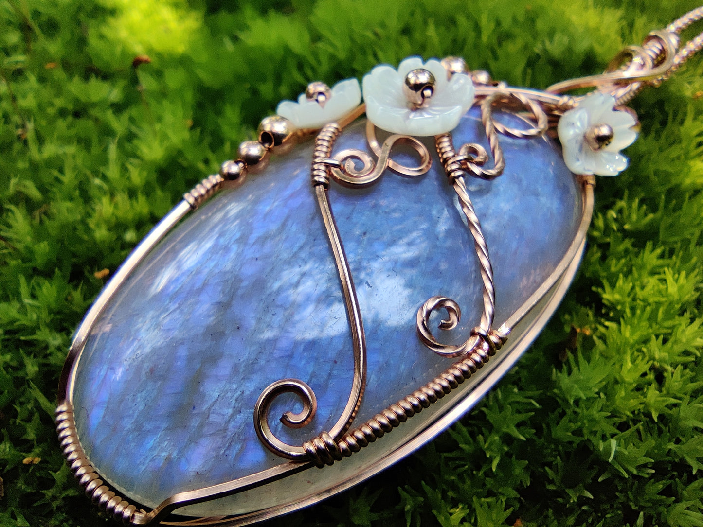 African Moonstone with flowers in 14k Rose Gold Fill Pendant Necklace